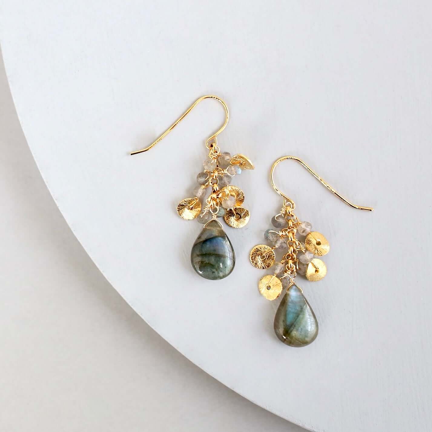  Labradorite Gemstone with mini stones  and Gold Accents   Gold Drop Earrings