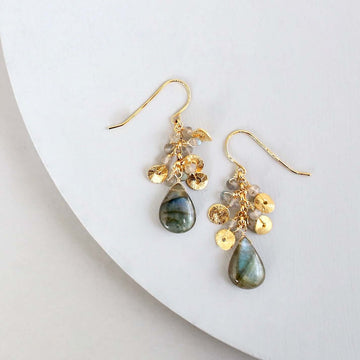  Labradorite Gemstone with mini stones  and Gold Accents   Gold Drop Earrings