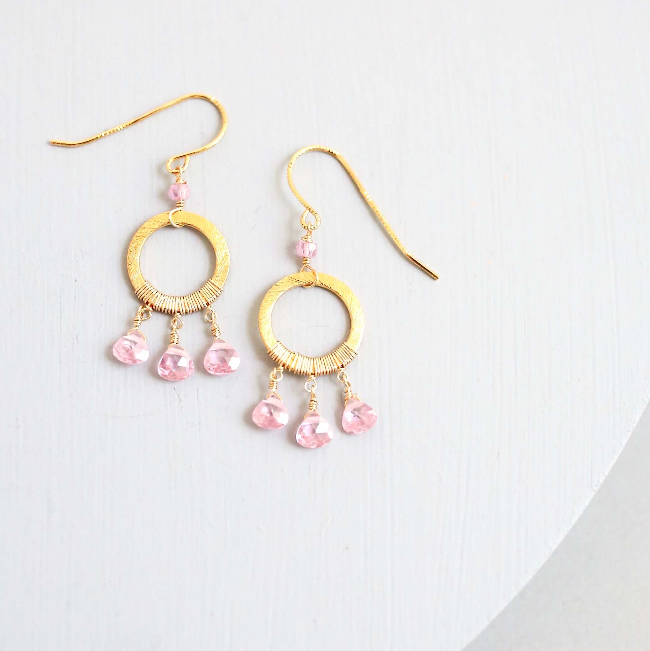 Boho Mini Dream Catcher Earrings with Rose Quartz Gemstones