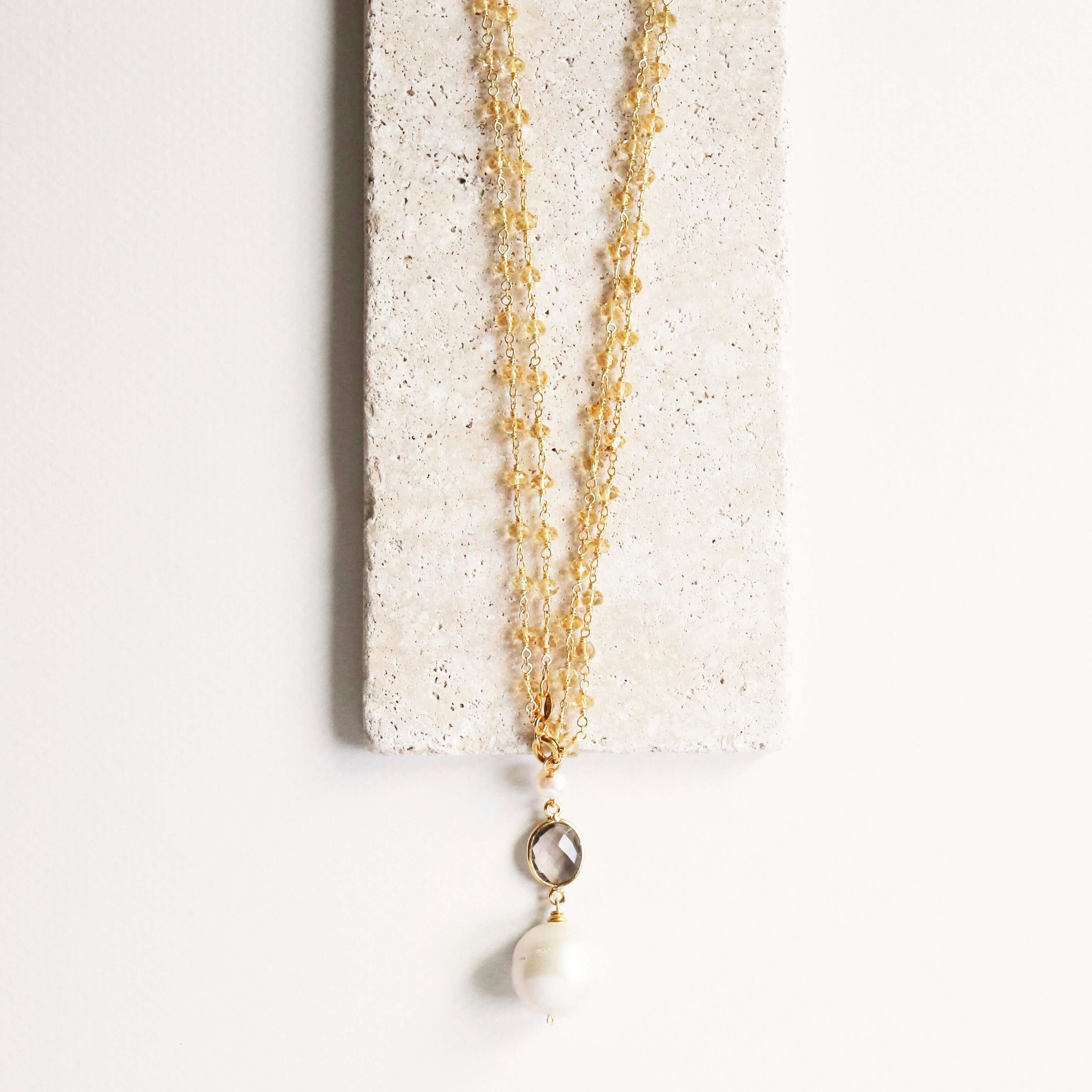Long Smoky Quartz Gemstone Baroque Pearl Necklace