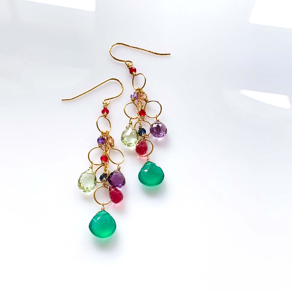 Chandelier Earrings with Green Onyx, Green Amethyst, Dark Pink Tourmaline, and Amethyst Gemstones
