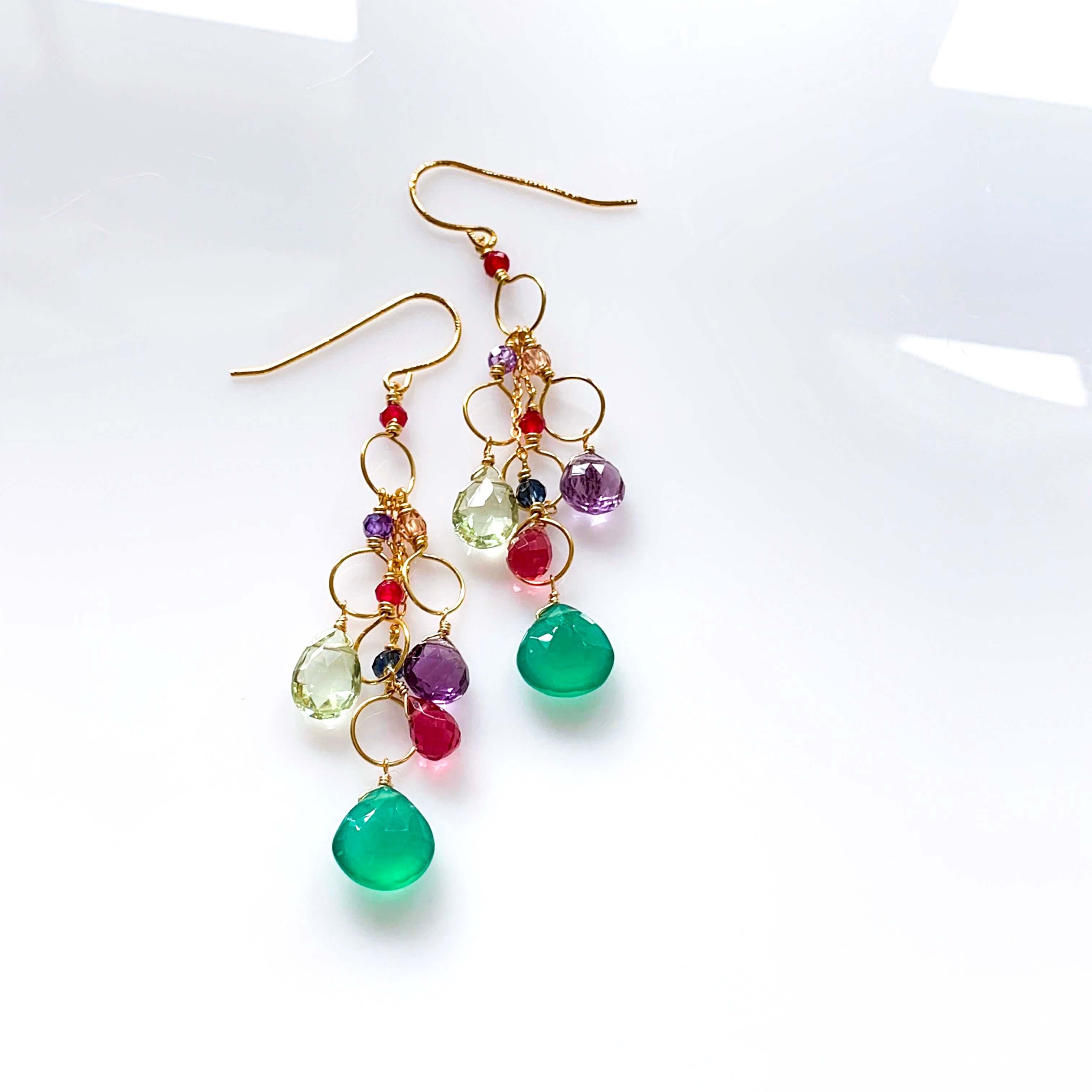 Chandelier Earrings with Green Onyx, Green Amethyst, Dark Pink Tourmaline, and Amethyst Gemstones