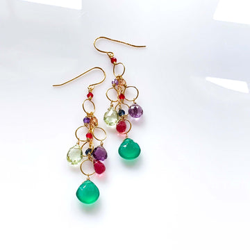 Chandelier Earrings with Green Onyx, Green Amethyst, Dark Pink Tourmaline, and Amethyst Gemstones