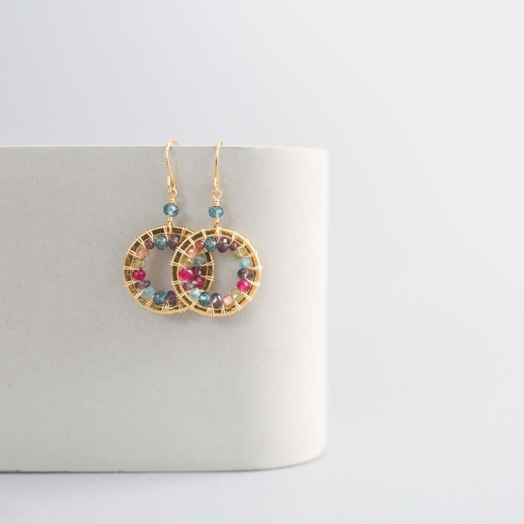 Rainbow Gemstones Classic Mini Hoop Gold Earrings