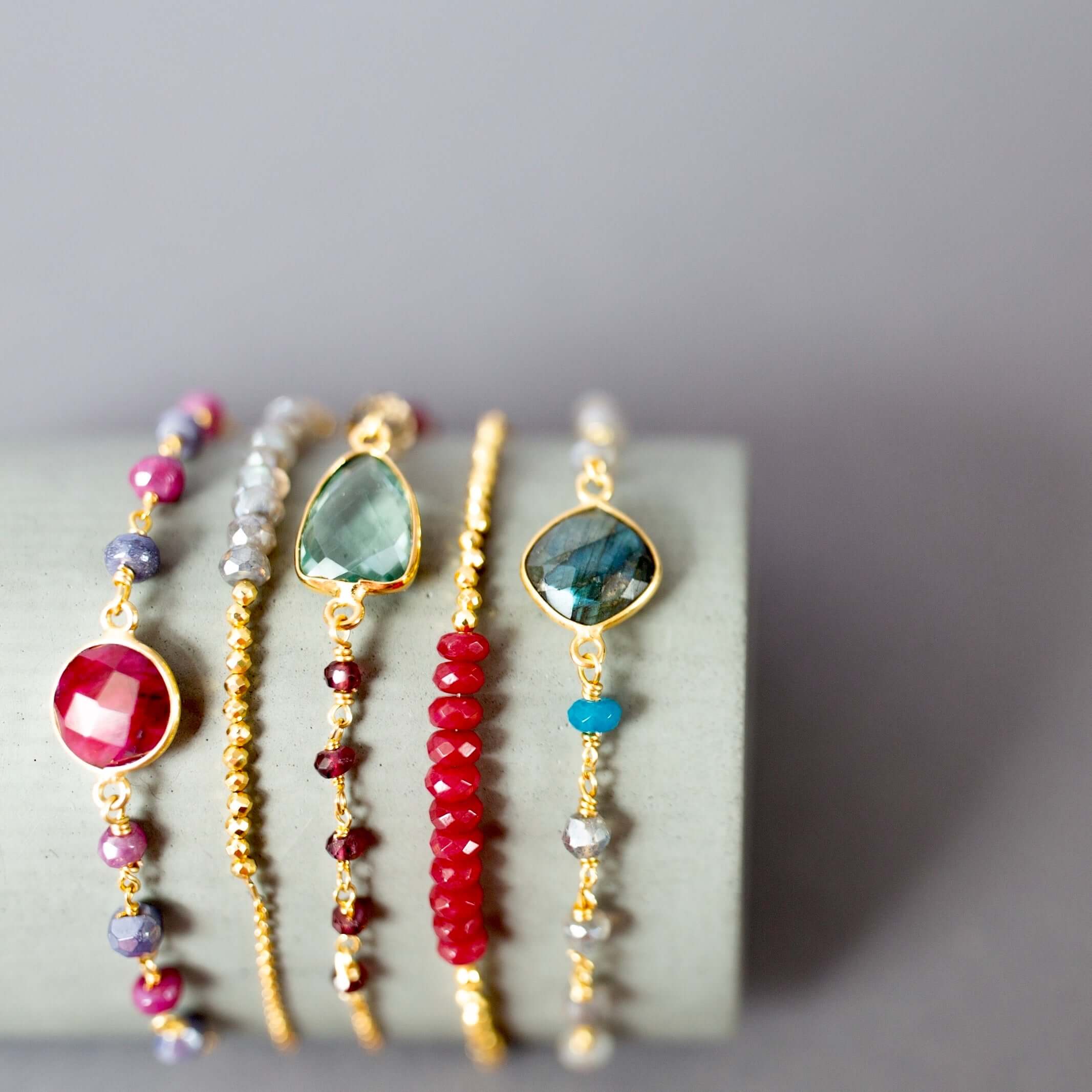 Gold Bracelet  with Red Jade Gemstone and Gold Accent Beads