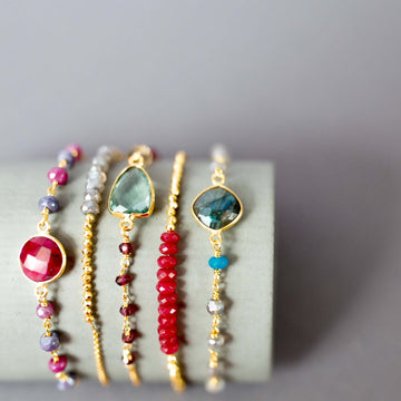 Gold Bracelet  with Red Jade Gemstone and Gold Accent Beads