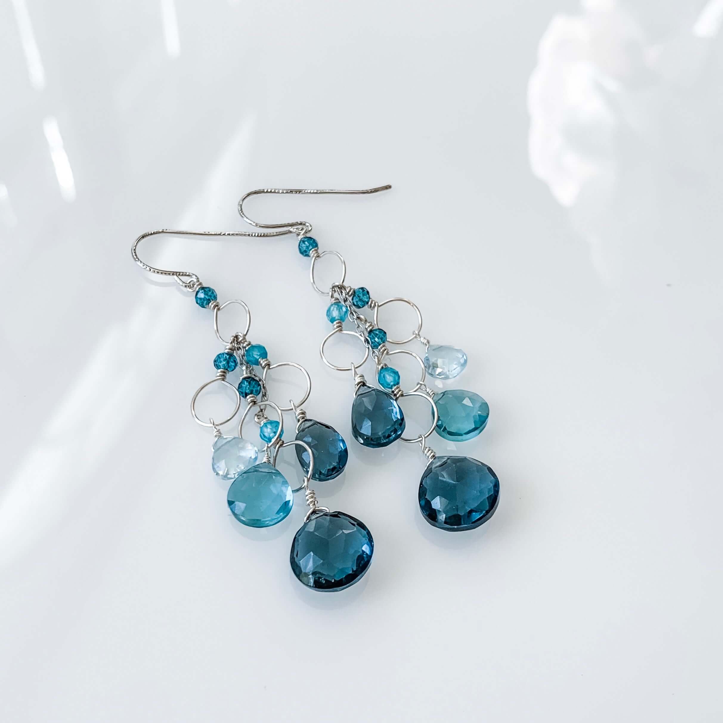 Silver Lolite & Aquamarine Gemstone Waterfall Earrings