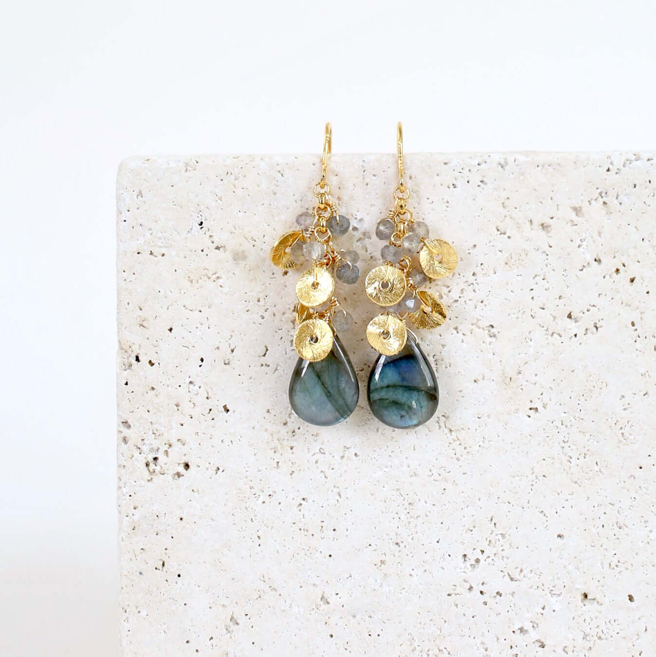  Labradorite Gemstone with mini stones  and Gold Accents   Gold Drop Earrings