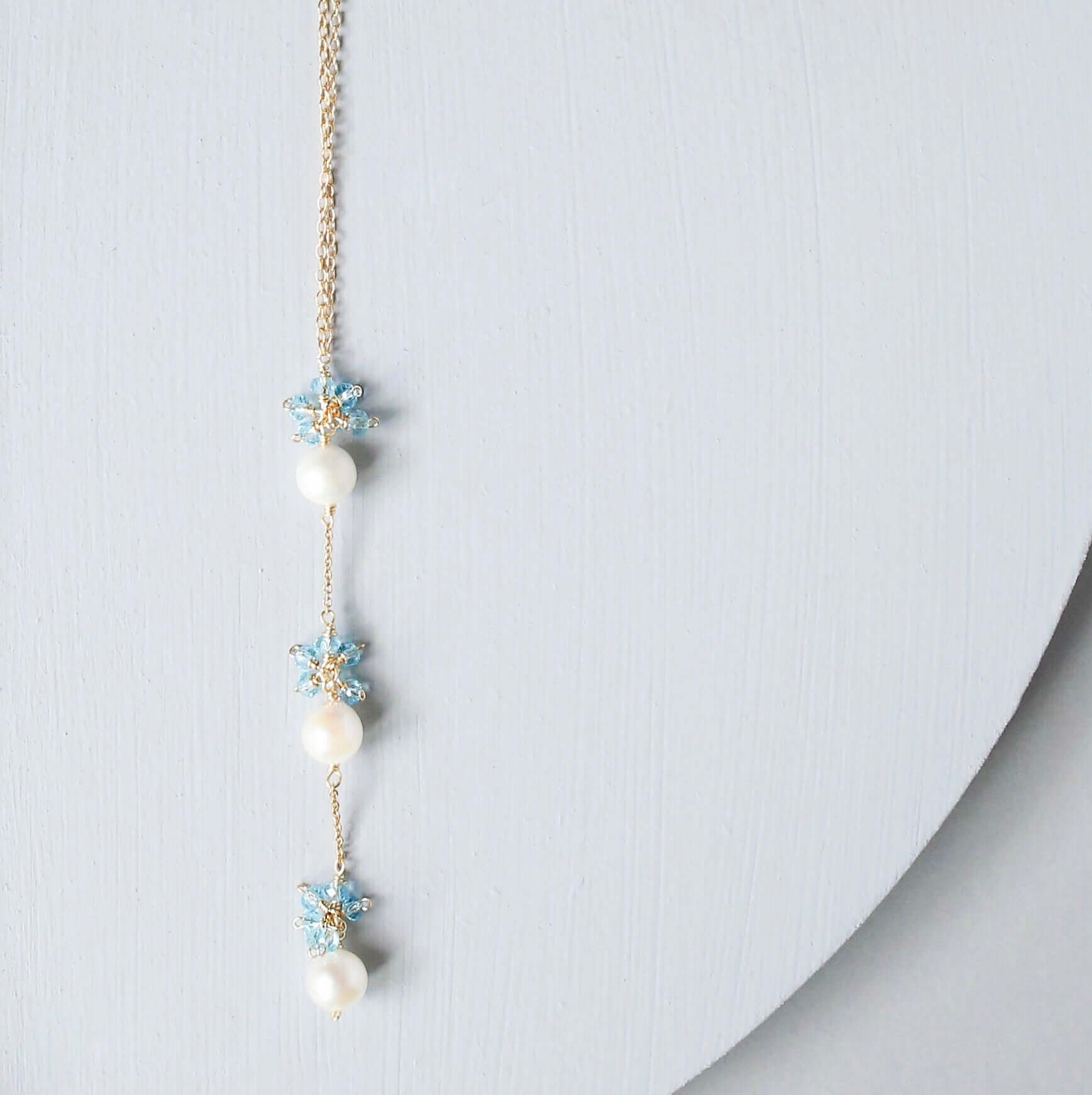 Gold plated Necklace with 3 white freshwater bead pearls paired with genuine aquamarine quartz gemstones