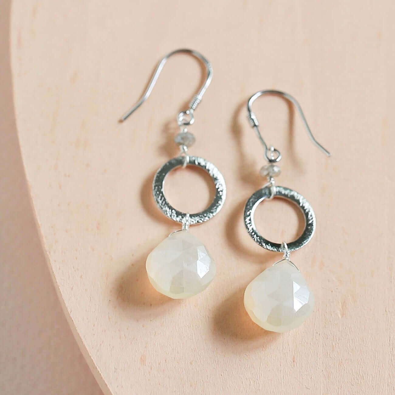 Handmade Rhodium-Plated Drop Earrings with White Chalcedony