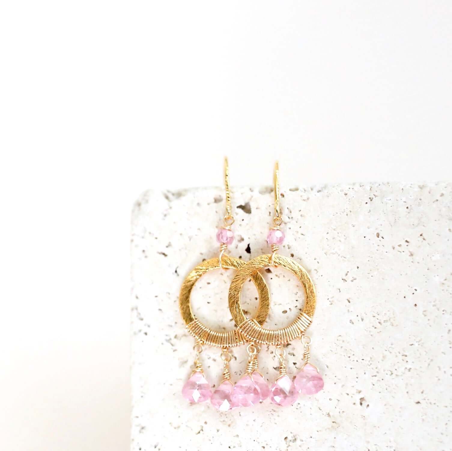 Boho Mini Dream Catcher Earrings with Authentic Rose Quartz Gemstones