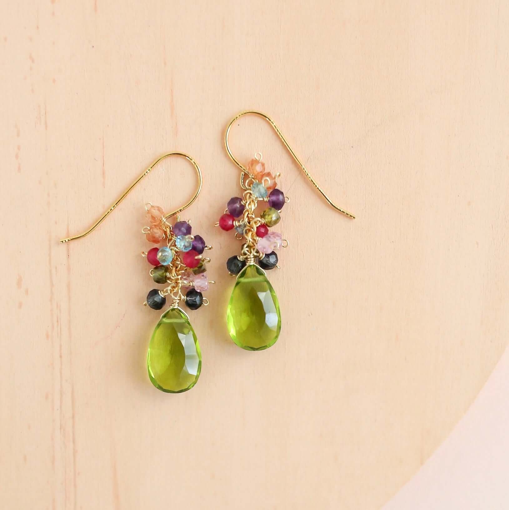 Peridot  Quartz  Gemstone with mini stones  Accents   Gold Drop Earrings