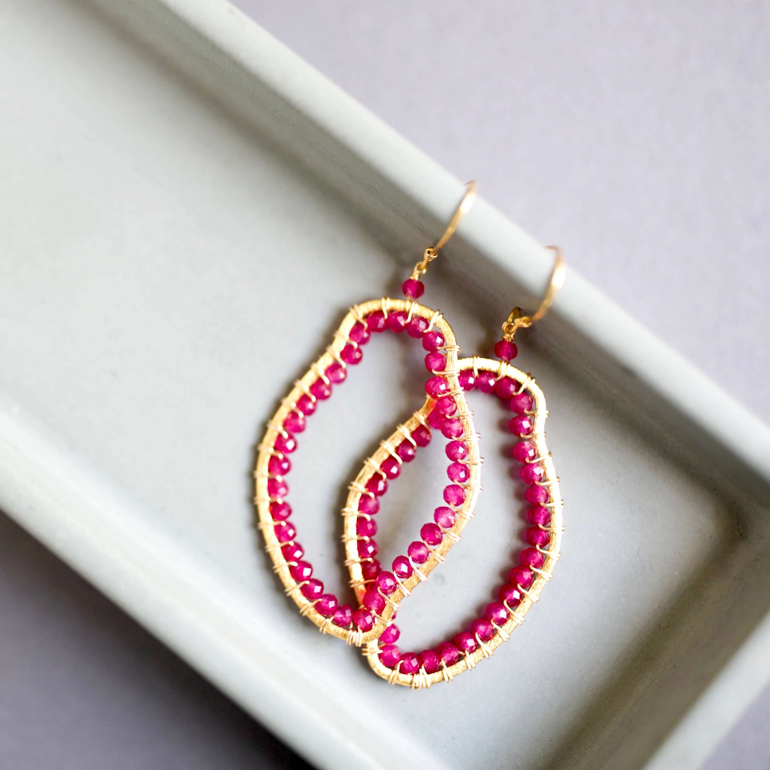 Amorphous shape Ruby Quartz gold Earrings Set
