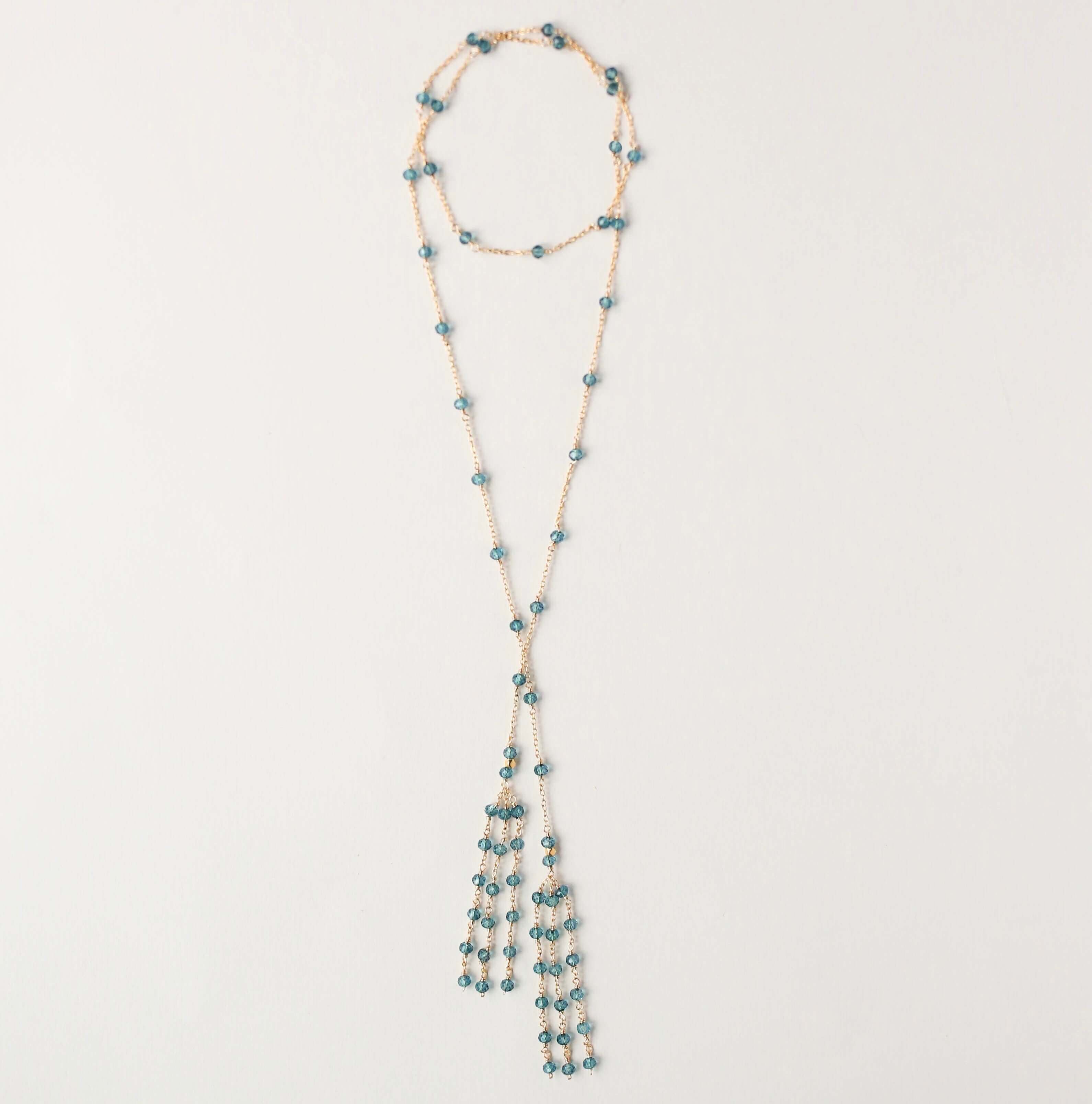 Gold-plated London Blue Quartz Lariat Necklace with a stunning tassel