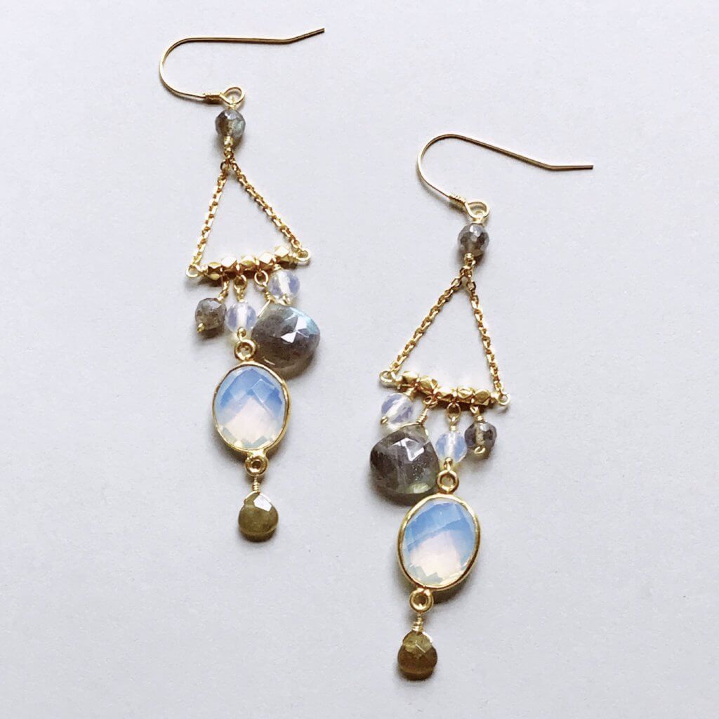 Gold plated Earrings with bezel-set opal quartz gemstones, varied faceted labradorite, and opal quartz accent stones