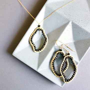 Black Spinel Gold Necklace and Earrings Jewelry Set