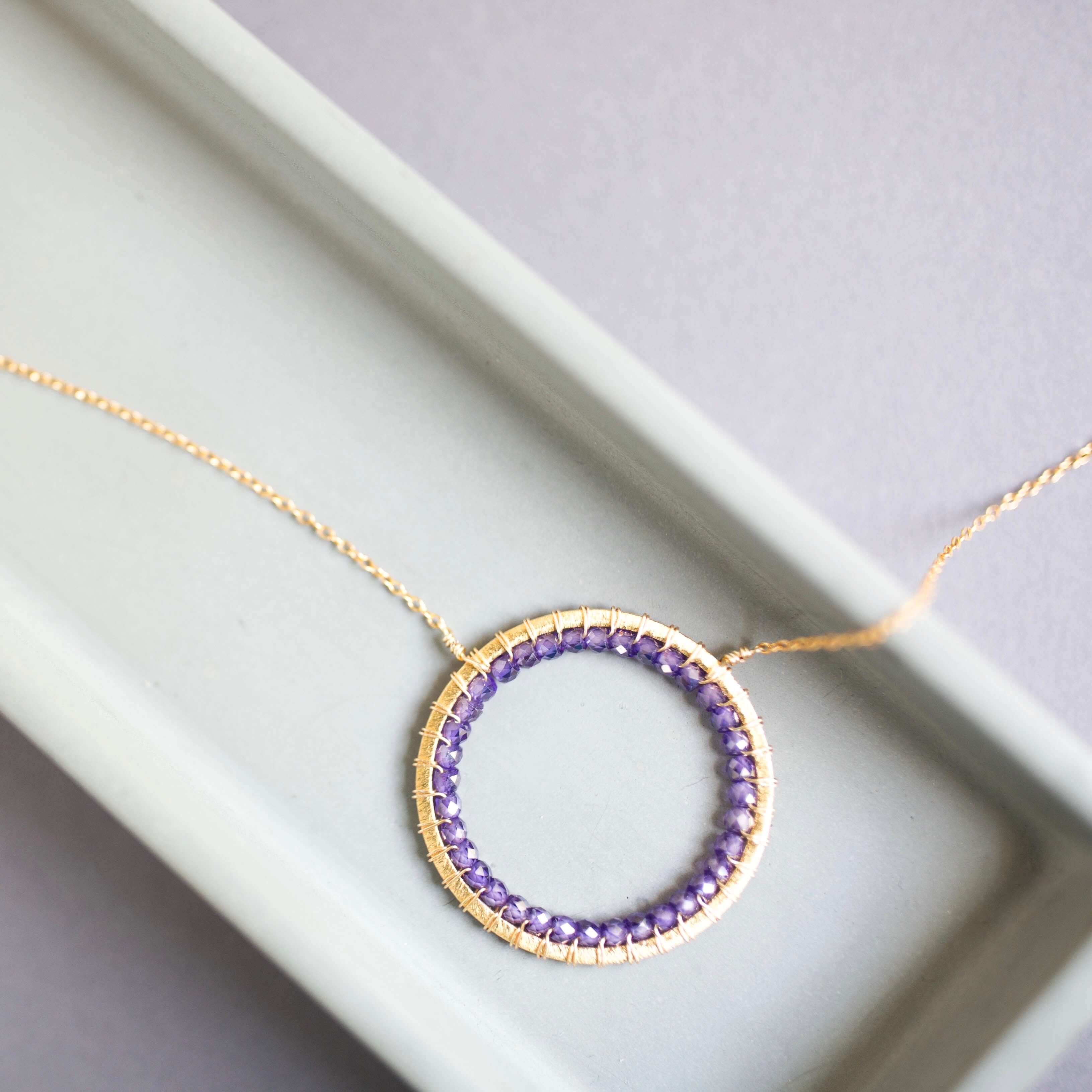 Purple Amethyst Gold Circle Necklace