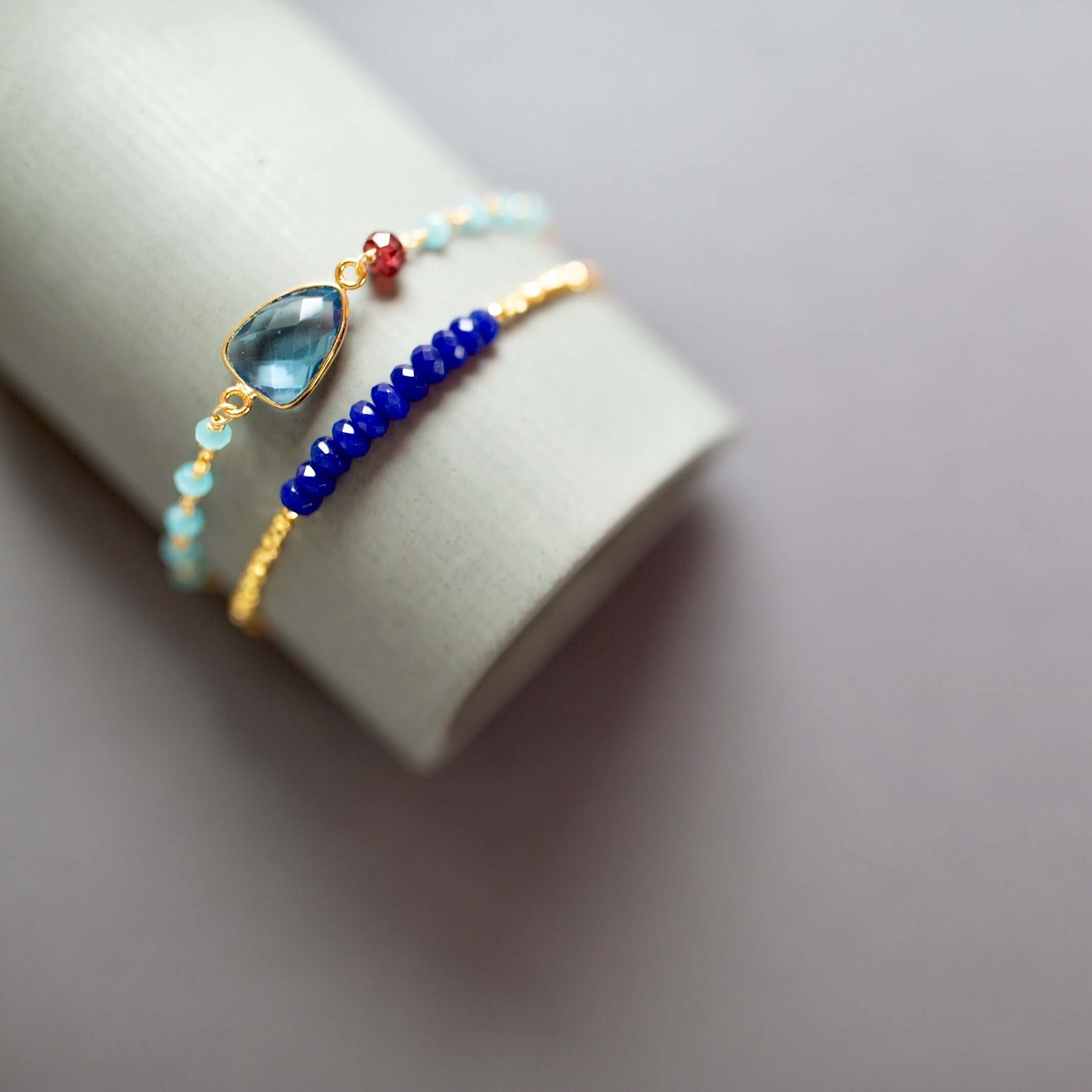 Adjustable London Blue Quartz and Lapis Lazuli Stacking Bracelet Set - Timeless Elegance