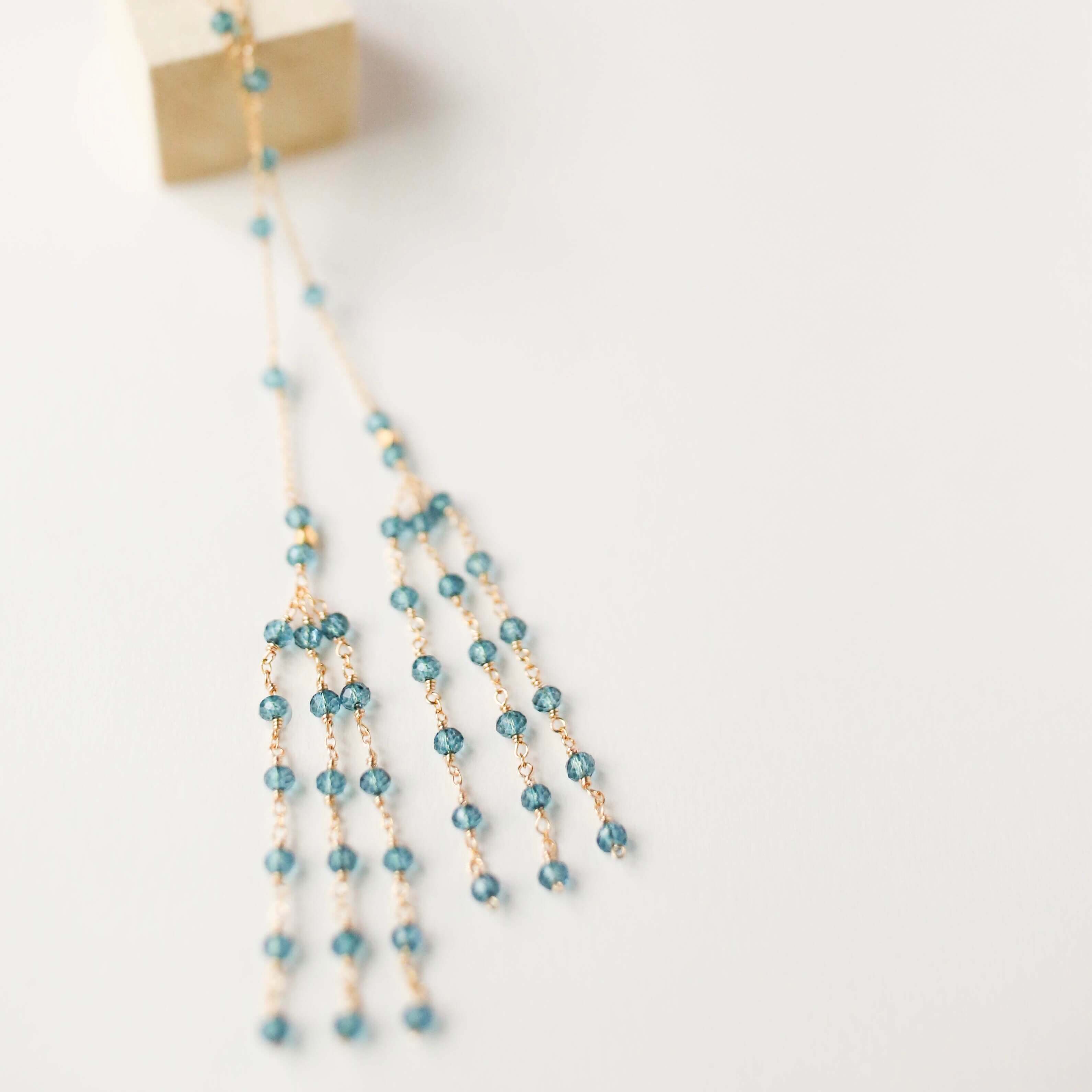 14k Gold Plated London Blue Quartz Lariat Necklace with a stunning tassel