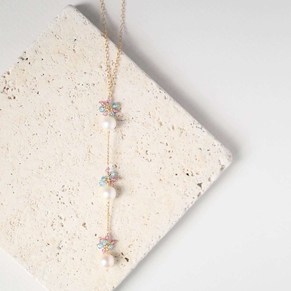 Gold plated Necklace with 3 white freshwater bead pearls paired with genuine rose quartz and aquamarine quartz gemstones