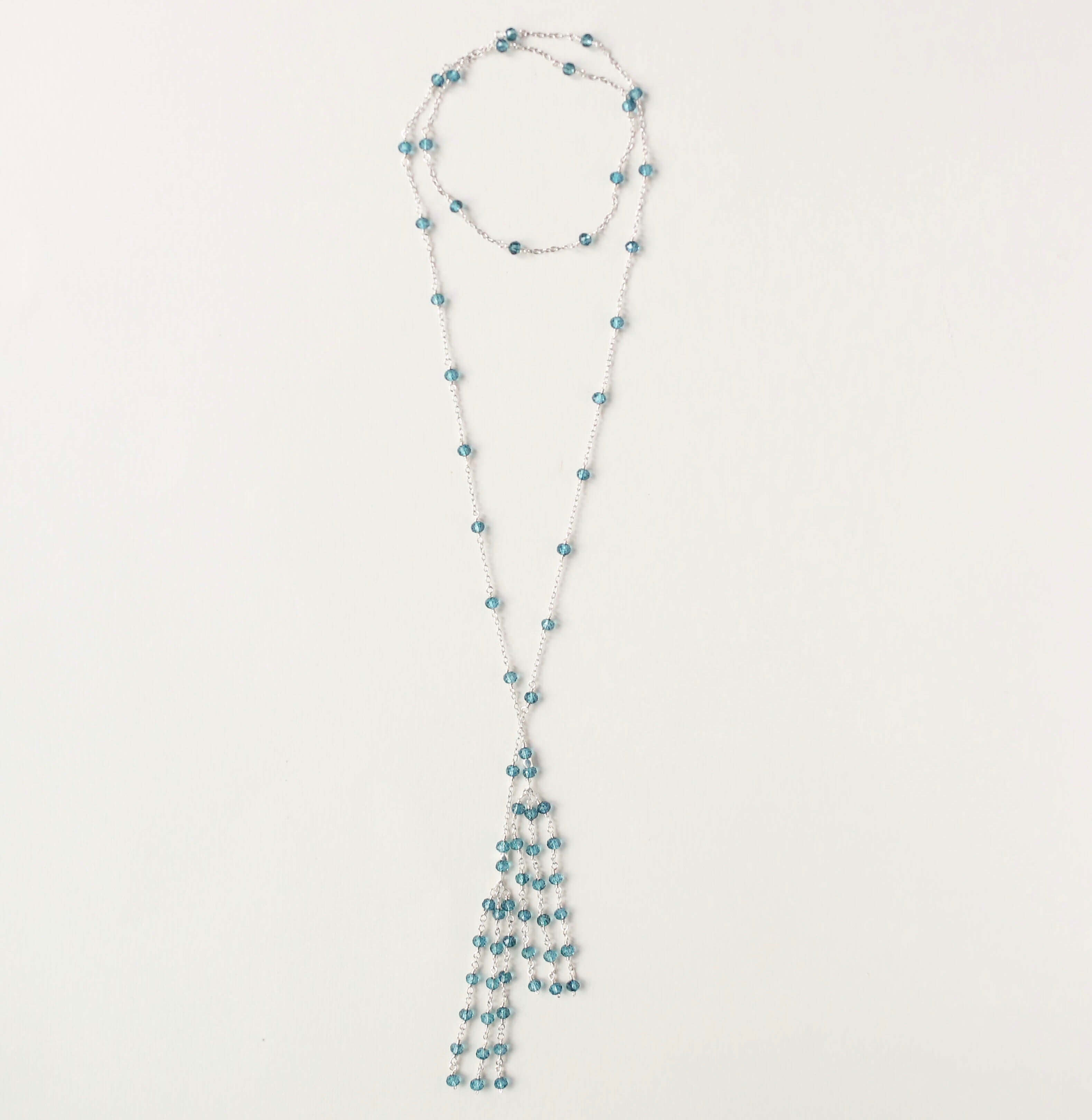 Rhodium plated London Blue Quartz Lariat Necklace with a stunning tassel