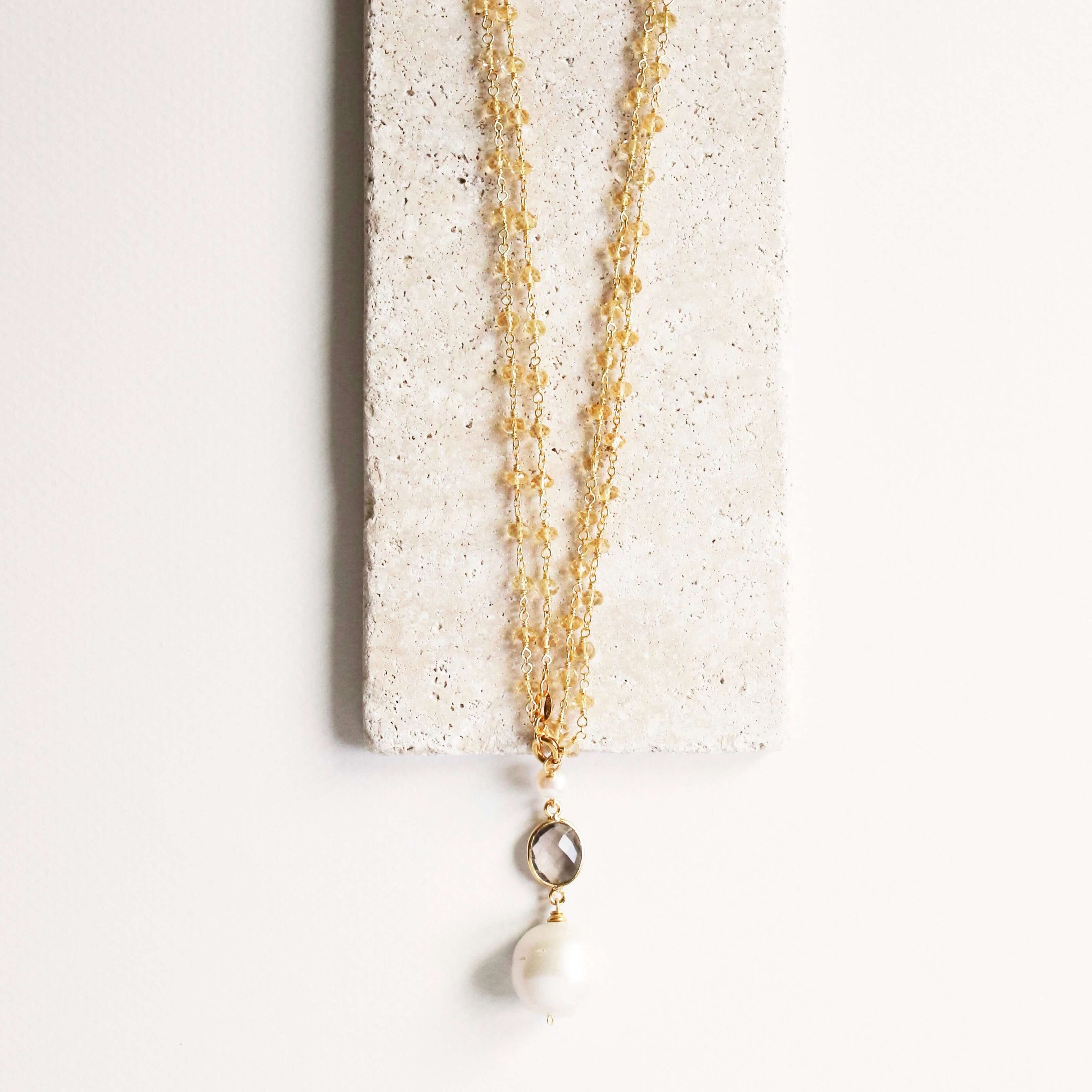 Convertible Gemstone Necklace with baroque pearl and Smoky Quartz Bezel