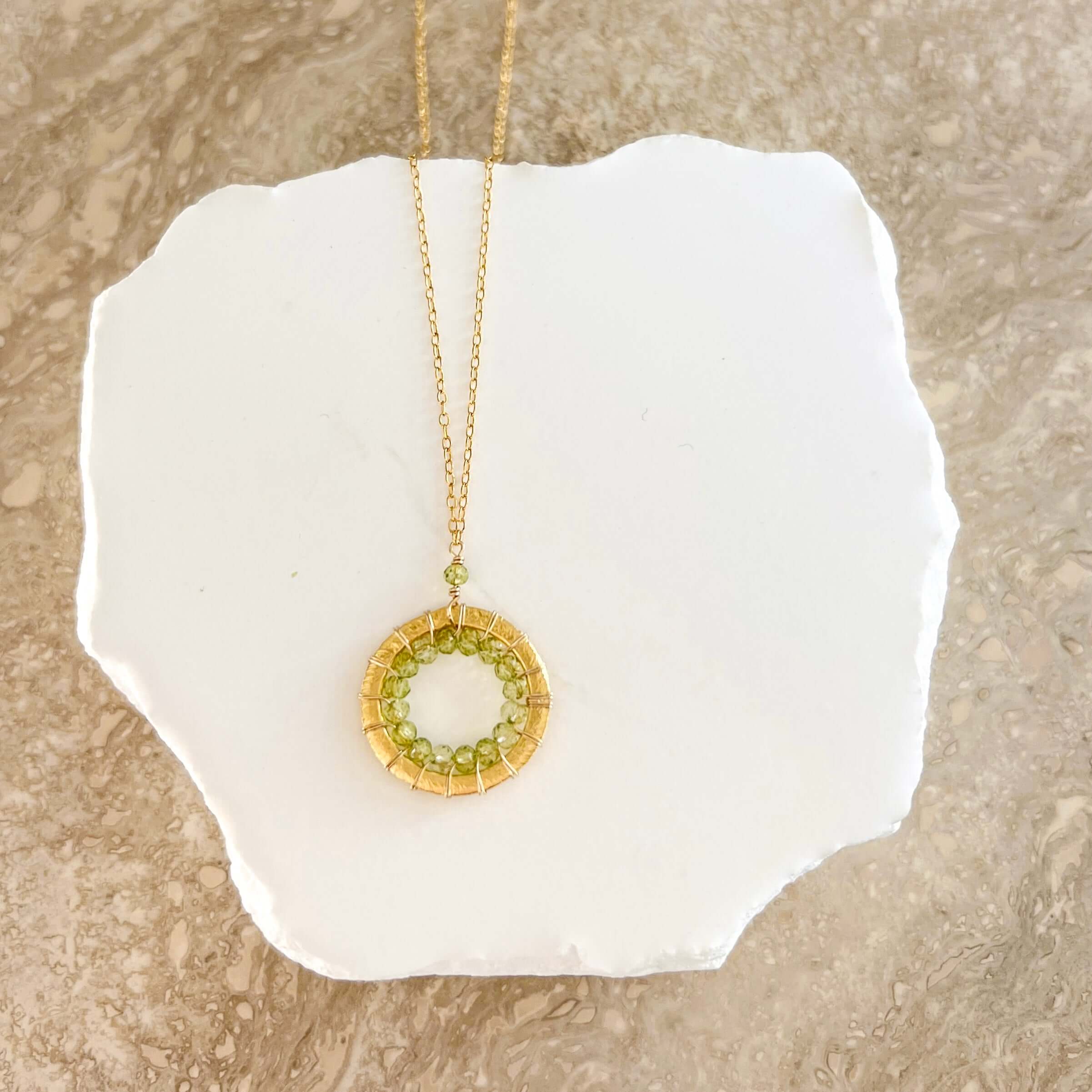 Elegant Modern Circle Peridot Gold Necklaces