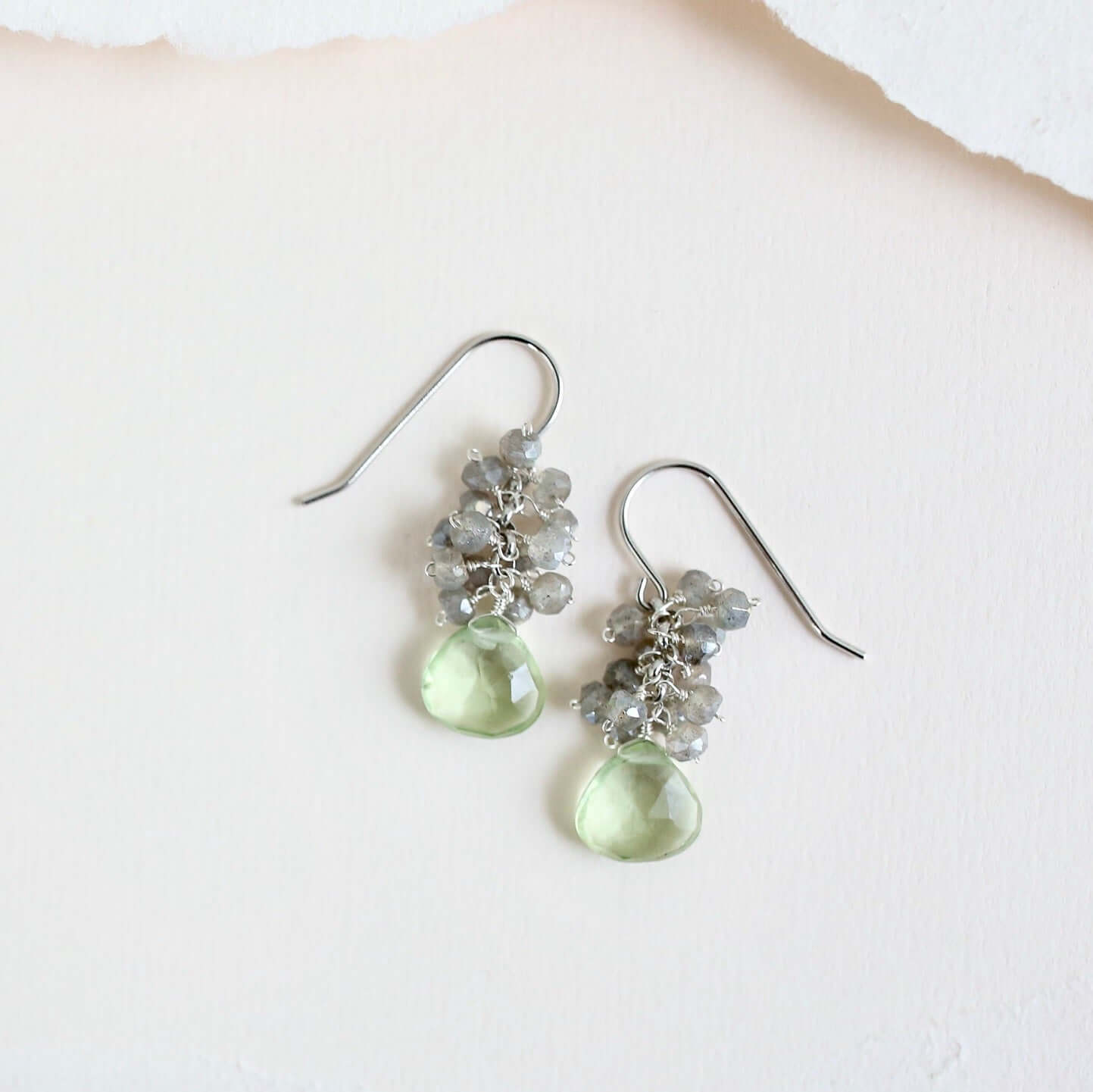 Rhodium-Plated Earrings Showcase Green Amethyst and Labradorite Gems