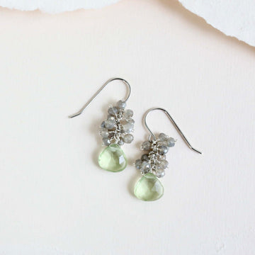 Rhodium-Plated Earrings Showcase Green Amethyst and Labradorite Gems