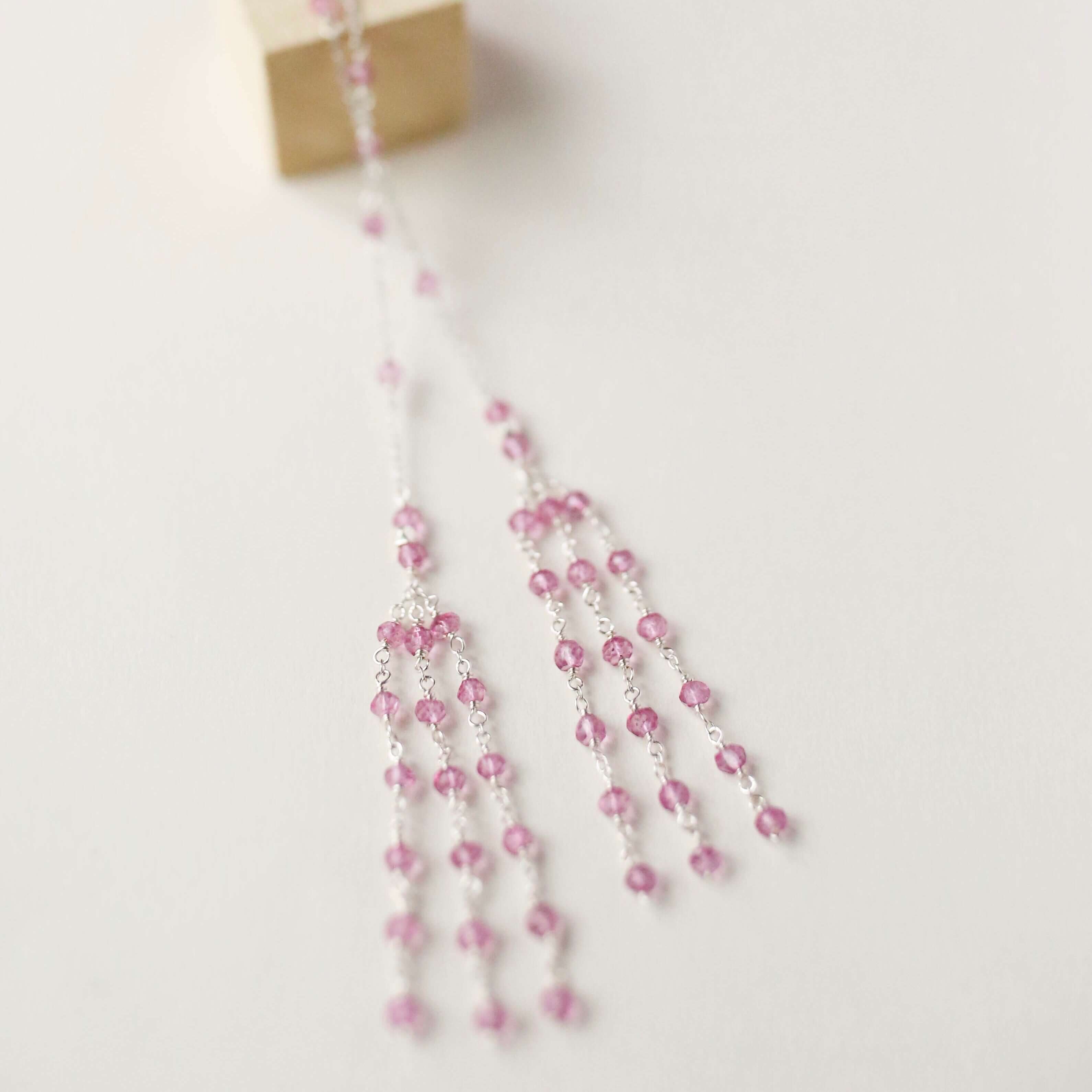 Rhodium Plated Pink Tourmaline Quartz Lariat Necklace with a stunning tassel