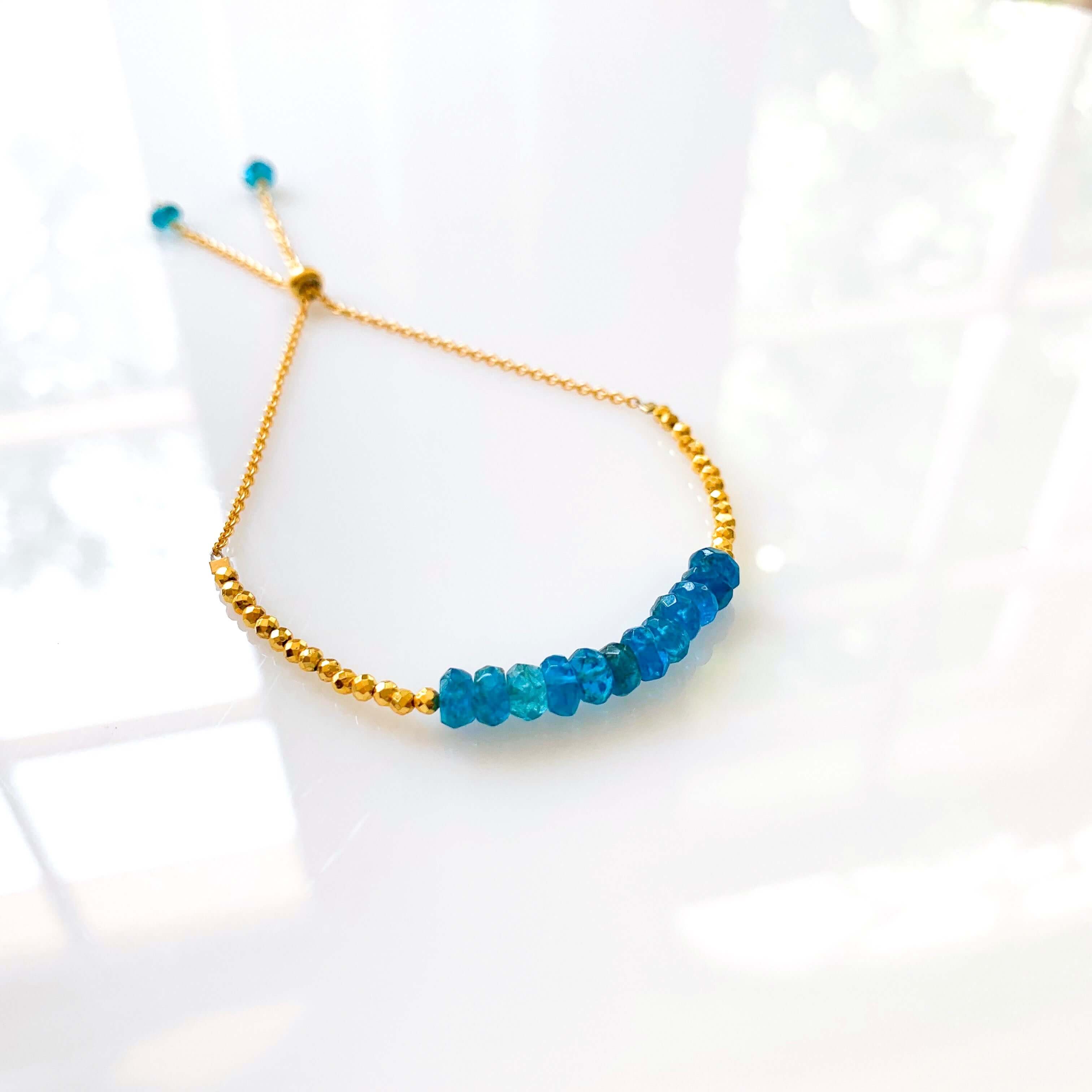  Neon Apatite stone bracelet with  golden pyrite accent beads, adjustable slider clasp, 14k gold plated over Italian silver chain