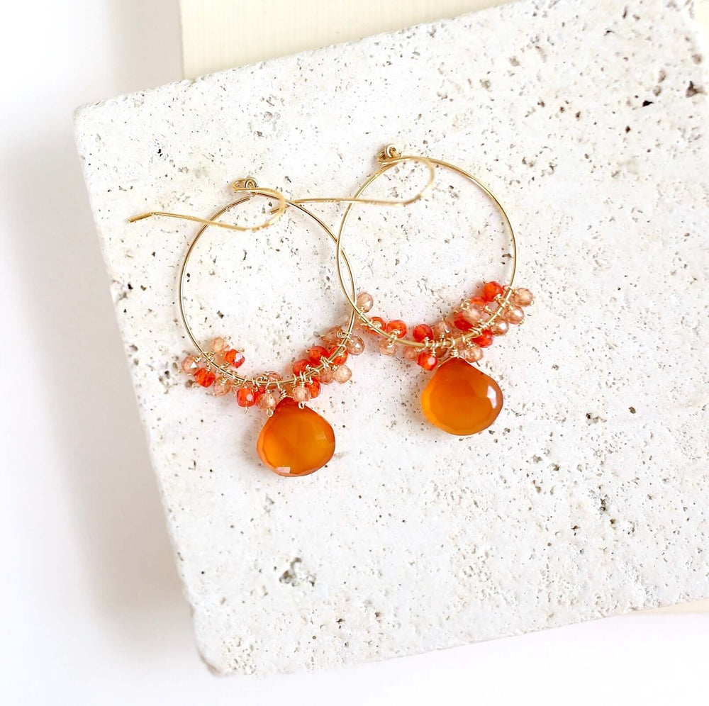 Swing Earrings with Dark Orange Chalcedony Gemstones in 14k Gold Plated Silver