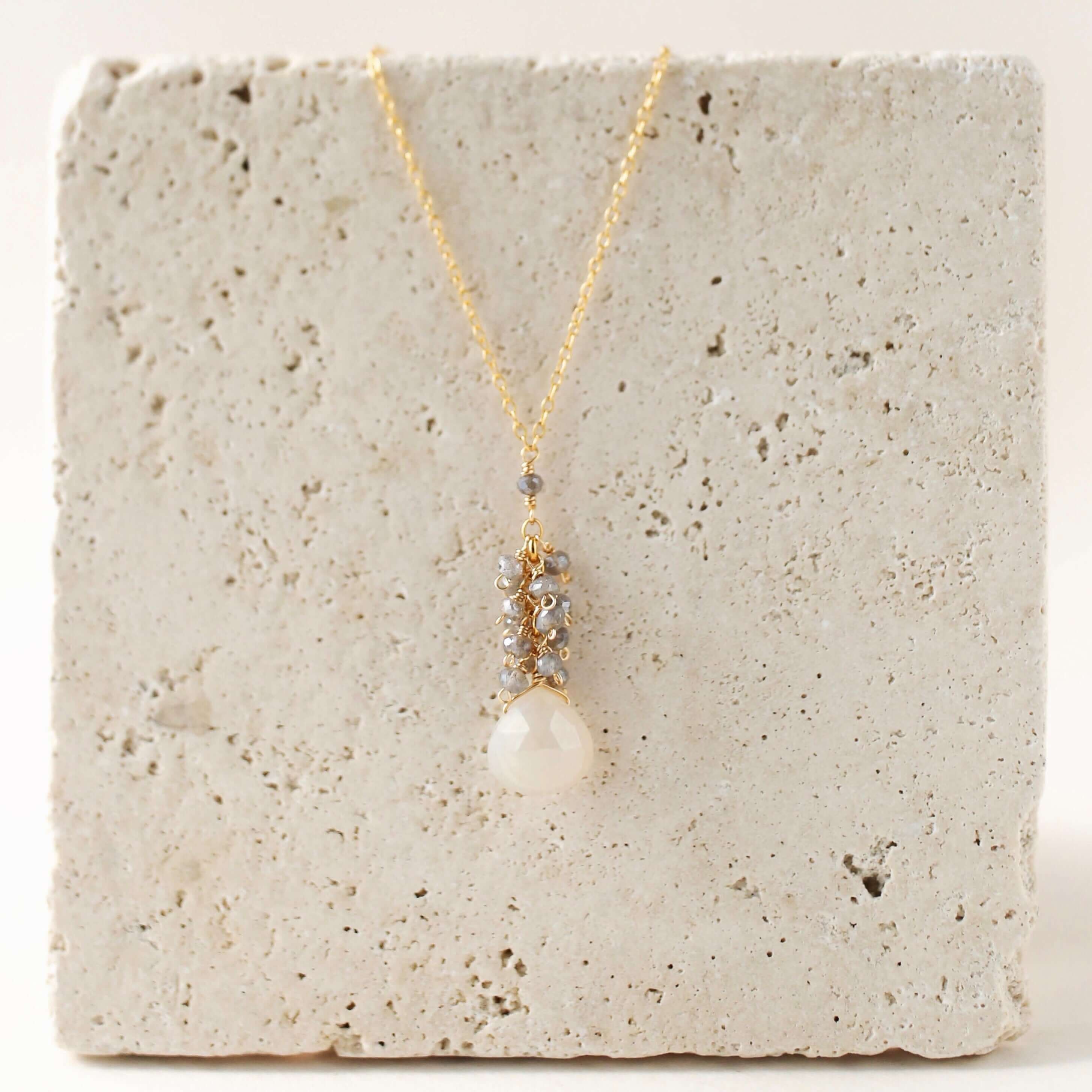 White chalcedony drop pendants paired with a cluster of mini labradorite quartz gems Gold Necklace