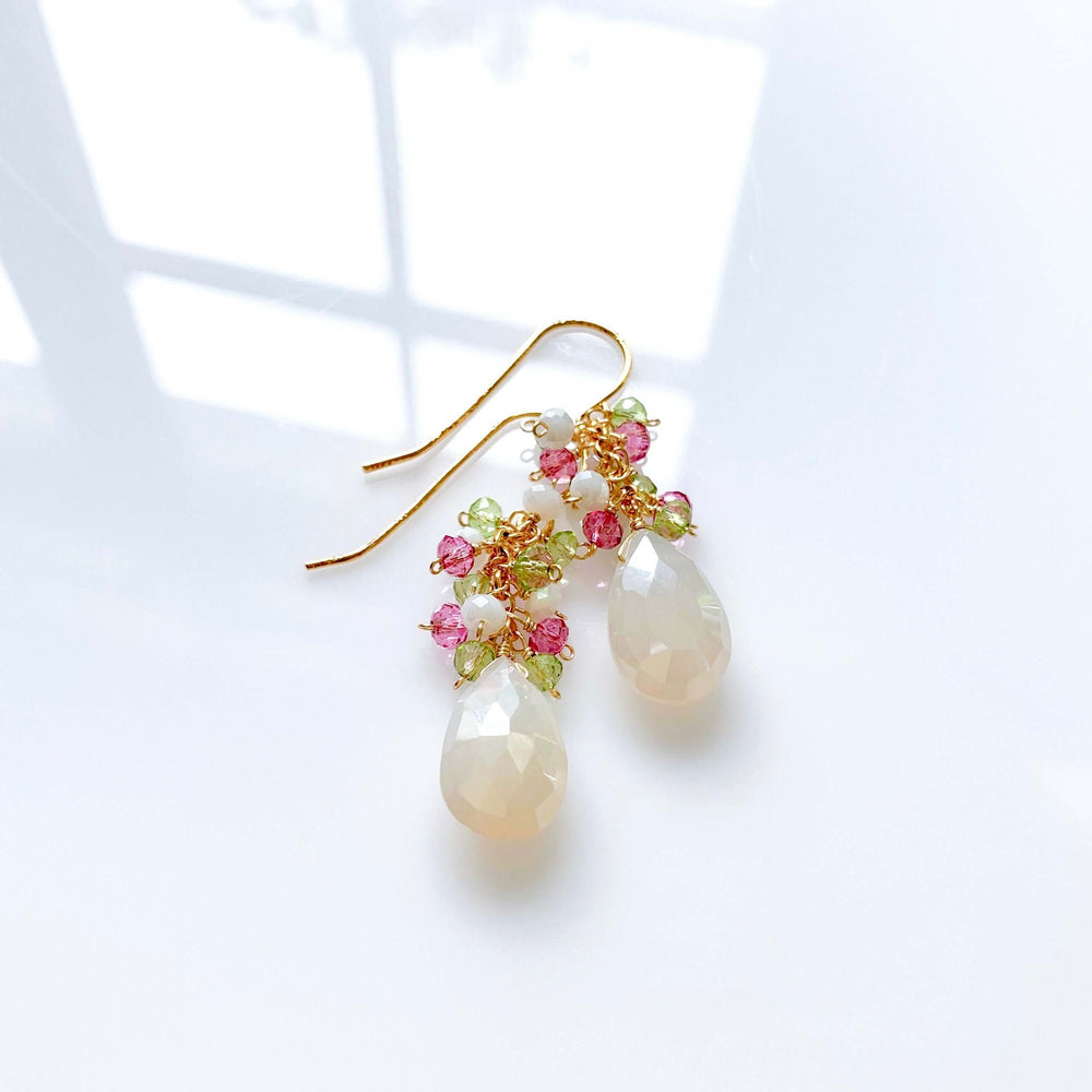 White Chalcedony stone topped with multi-colored cluster of gems Gold Earrings 