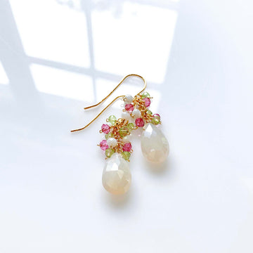 White Chalcedony stone topped with multi-colored cluster of gems Gold Earrings 