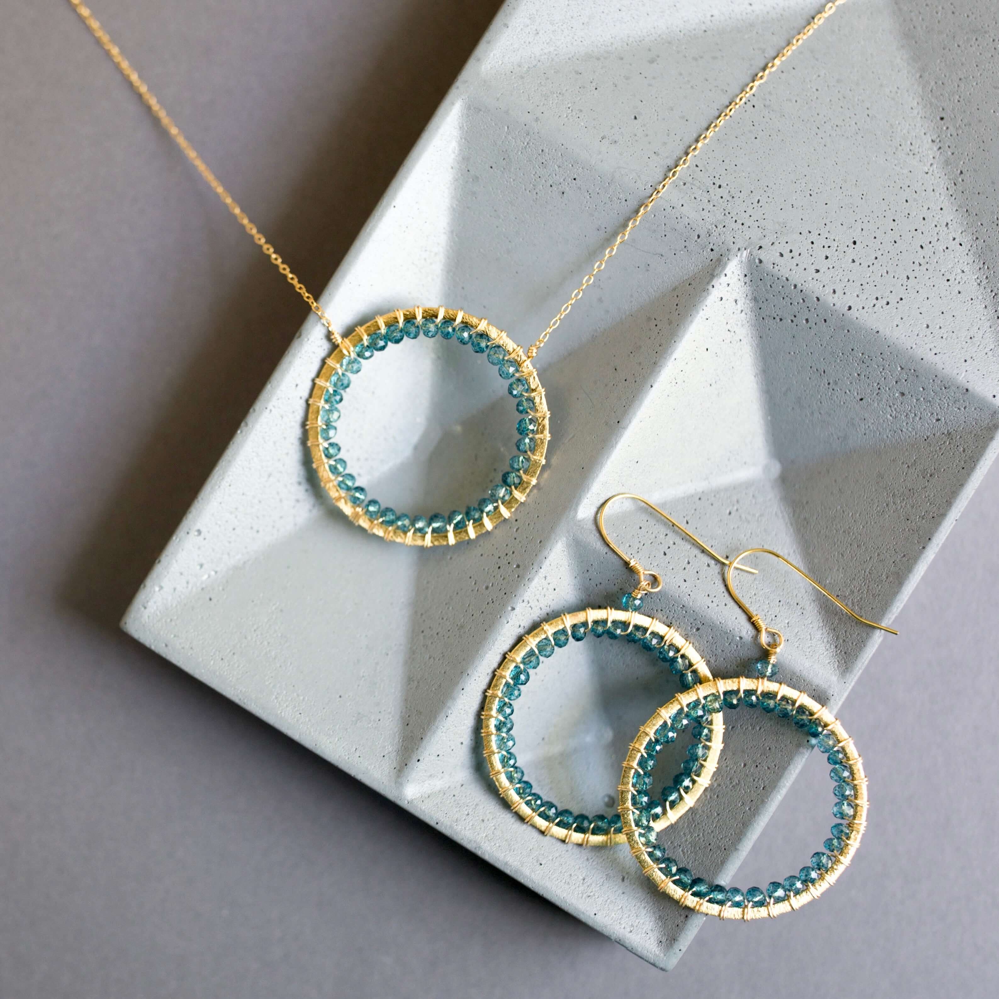 Elegant Modern Circle with London Blue Quartz Gemstones Jewelry Set 