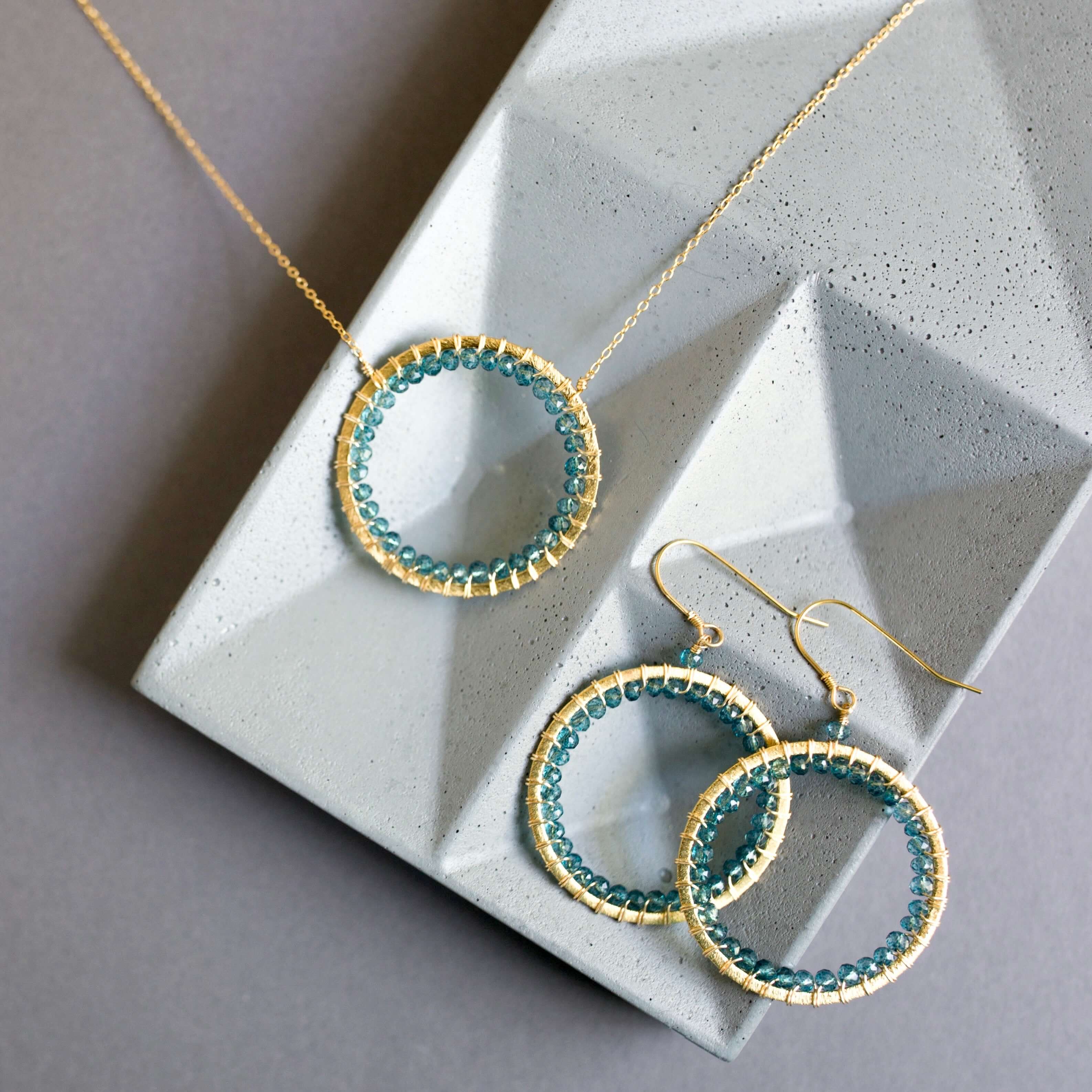 Elegant Modern Circle with London Blue Quartz Gemstones Jewelry Set 