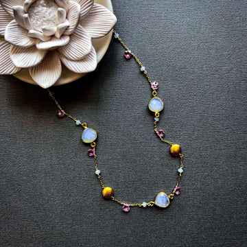 Opal Quartz Gold Bezel Chain, handcrafted with 14k gold plated fine Italian silver, opal quartz bezel gemstones, and pink tourmaline accent stones.