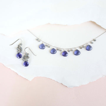  Sparkling bezel Tanzanite Quartz Gem and tiny stone Labradorite accents  Gold Jewelry Set