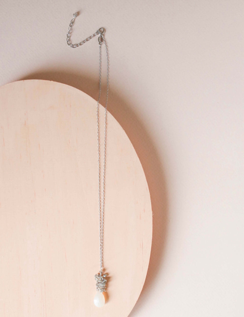 White chalcedony drop pendants paired with a cluster of mini labradorite quartz gems Silver Necklace