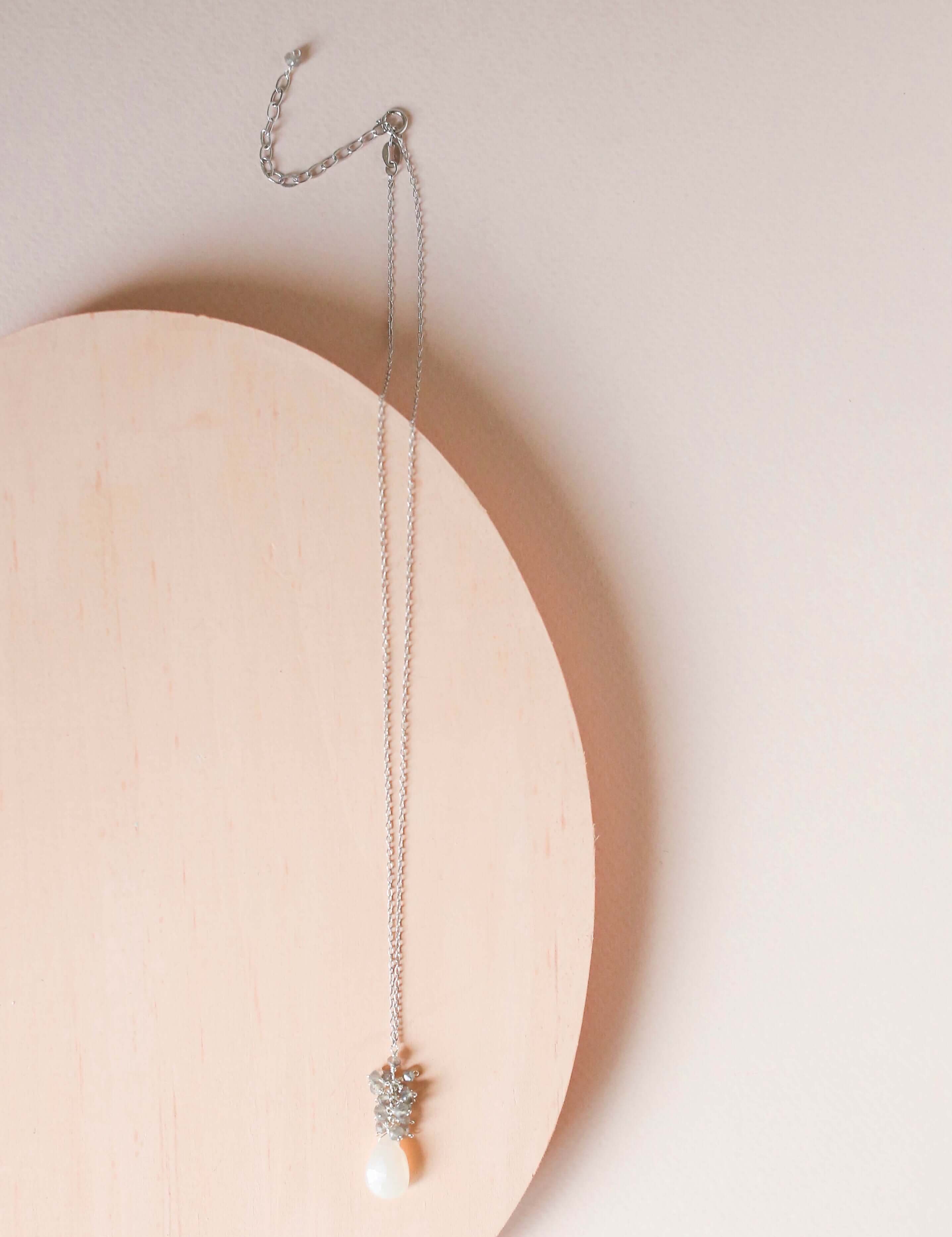 White chalcedony drop pendants paired with a cluster of mini labradorite quartz gems Silver Necklace