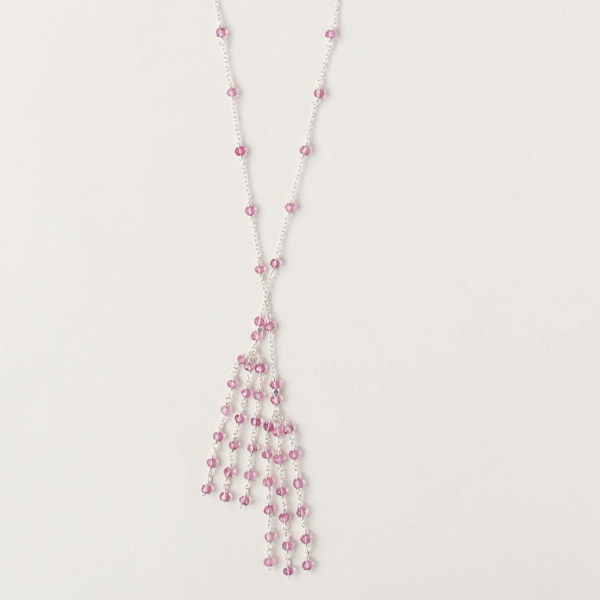Rhodium plated Handmade Lariat Necklace Featuring Pink Tourmaline Gemstones