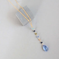 Sky quartz gemstones Yoga Pendant  paired with multi color gemstone accent stones Gold Necklace