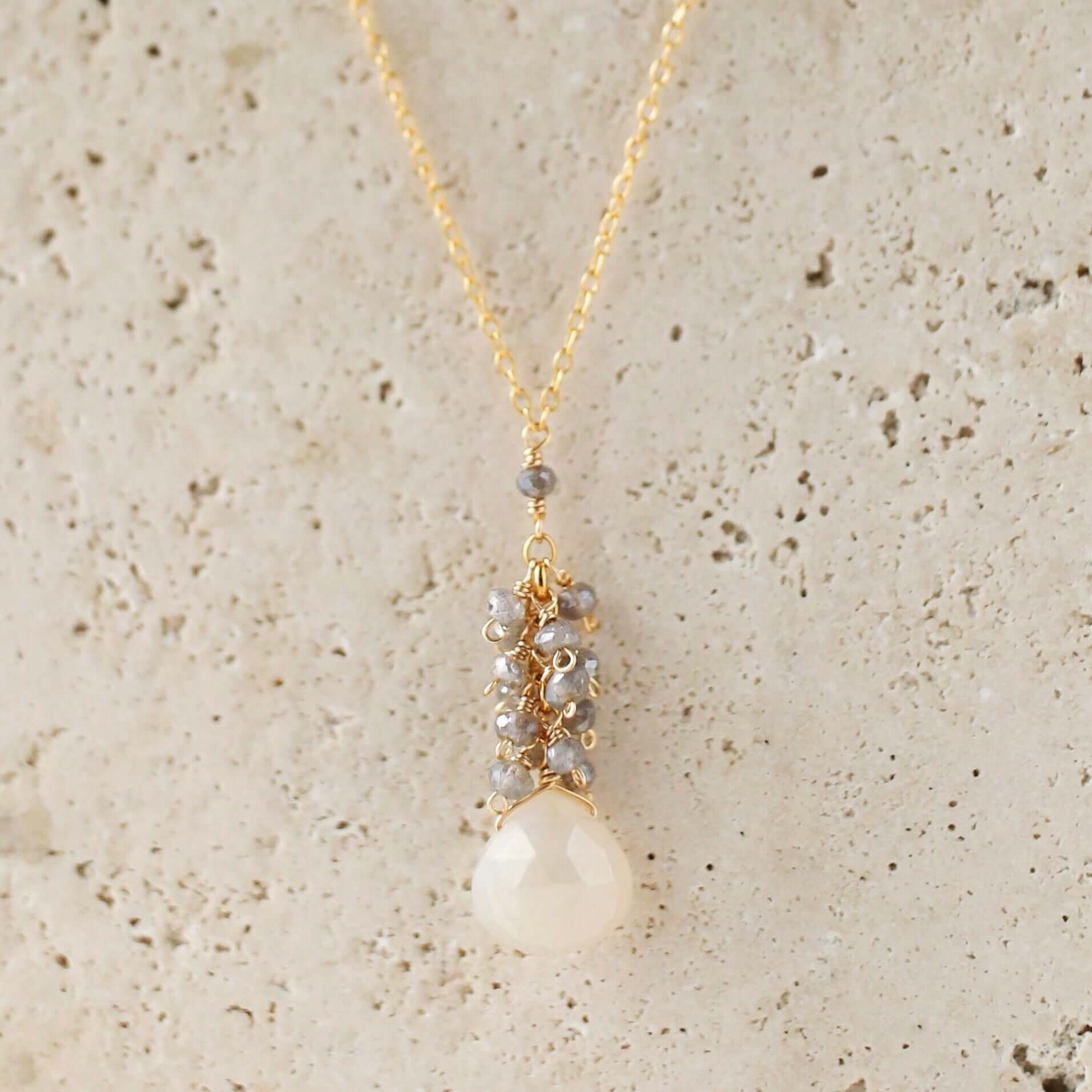 White chalcedony drop pendants paired with a cluster of mini labradorite quartz gems Gold Necklace