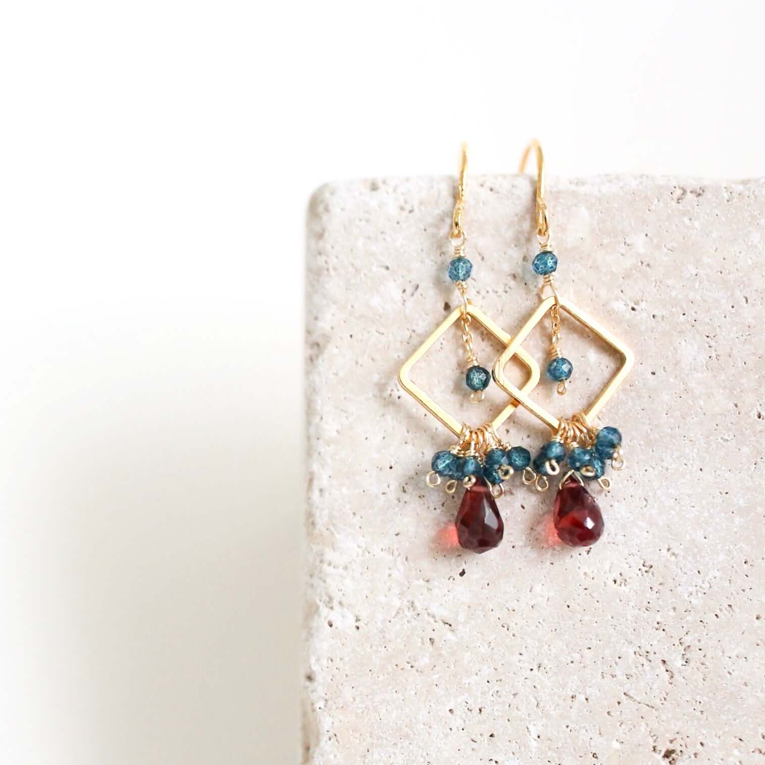 Garnet briolette gemstones with Iolite Accent stones  French Hook Gold Earrings 
