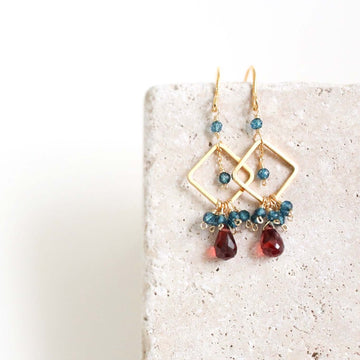 Garnet briolette gemstones with Iolite Accent stones  French Hook Gold Earrings 