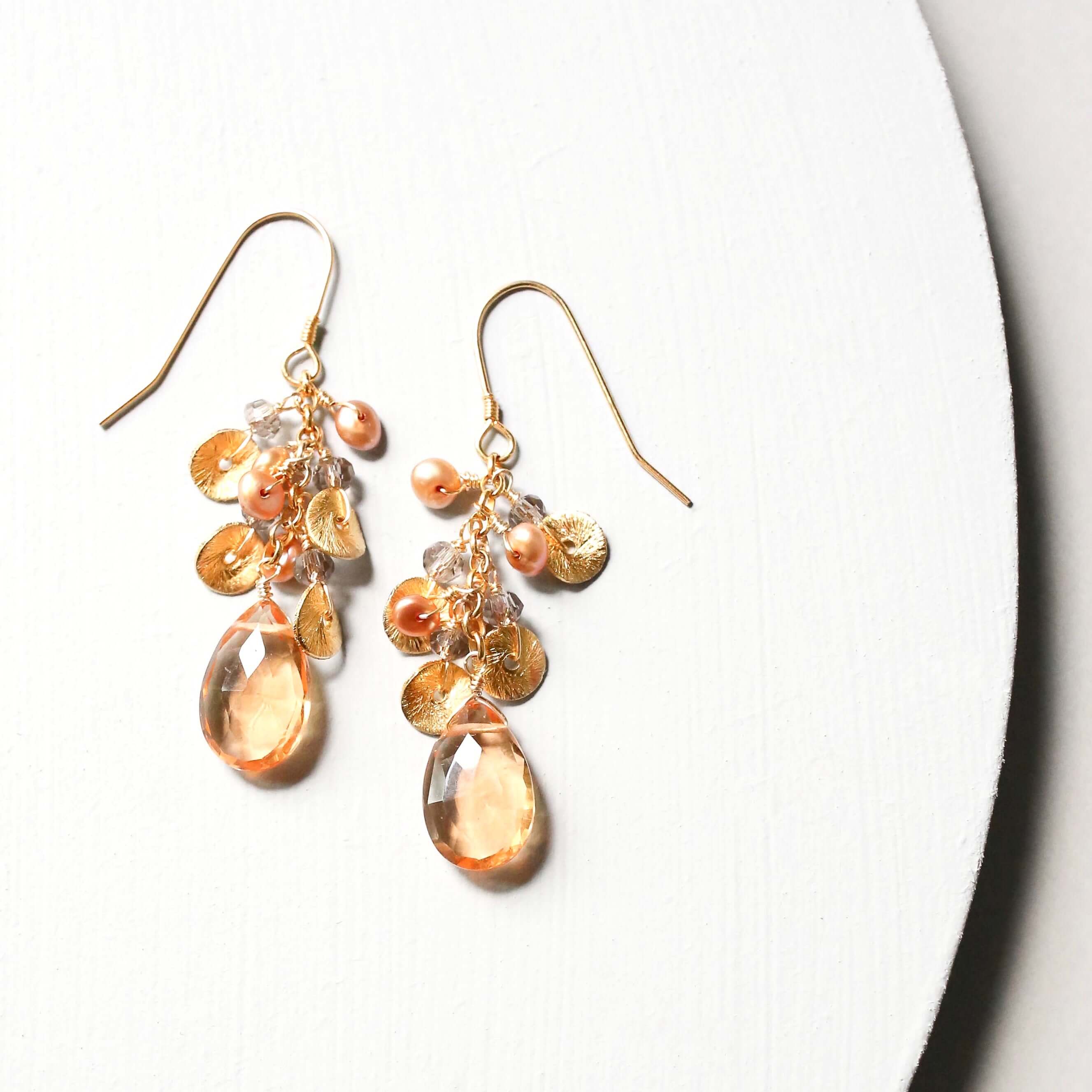 Citrine Gemstone with Pearls and Gold Accents   Gold Drop Earrings