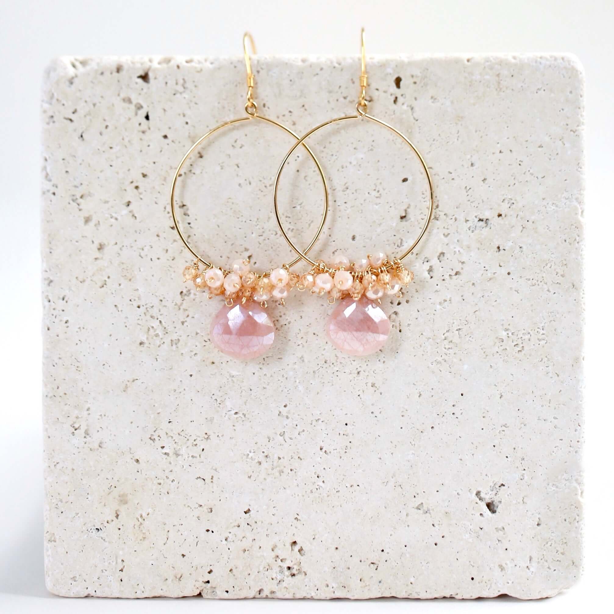 Hoop earrings with Unique Peach Moonstone  gemstones