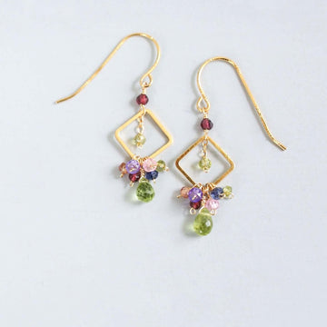 Peridot briolette gemstones with Rainbow  Accent gemstones   French Hook Gold Earrings 