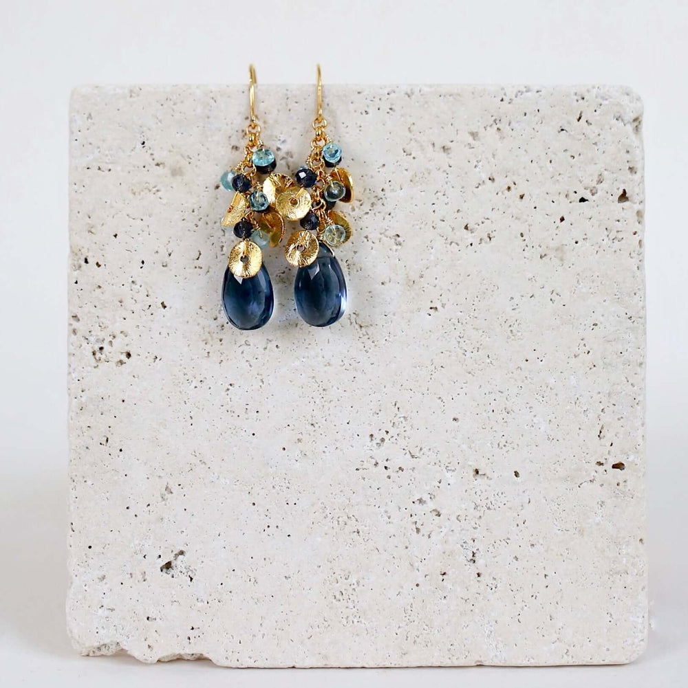Lolite Gemstone with mini stones  and Gold Accents   Gold Drop Earrings